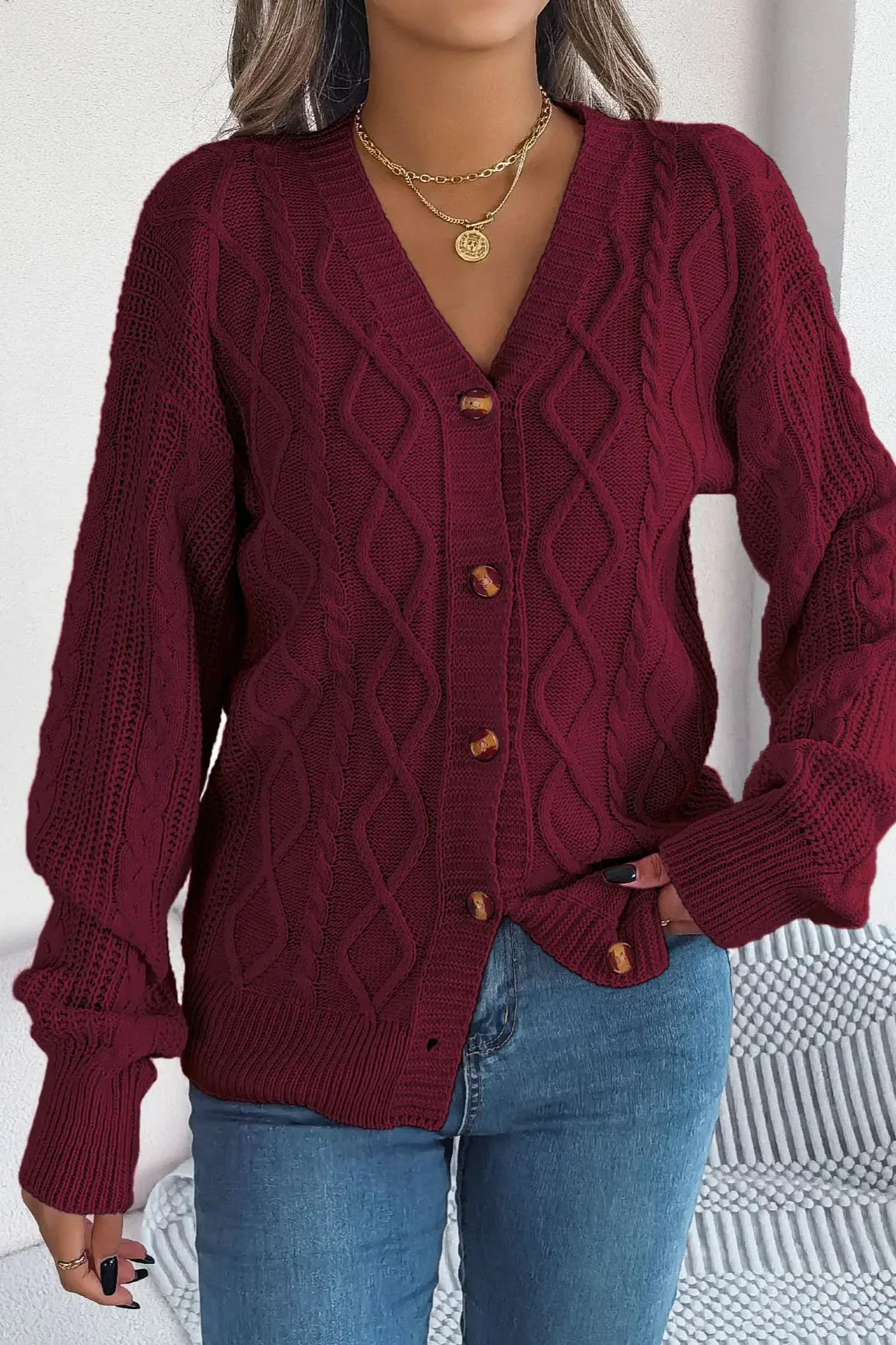 Knitted Long Sleeve Loose Single Breasted Cardigan - Image 24