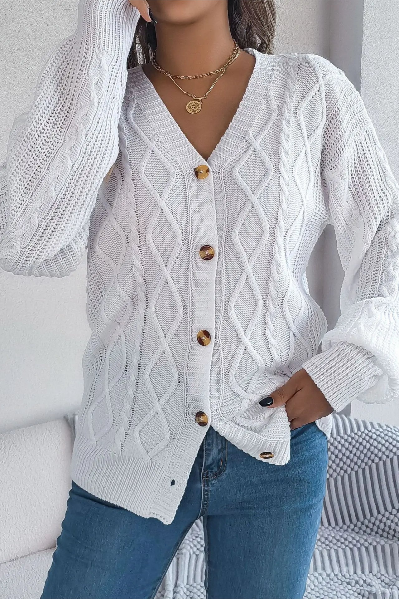 Knitted Long Sleeve Loose Single Breasted Cardigan - Image 4