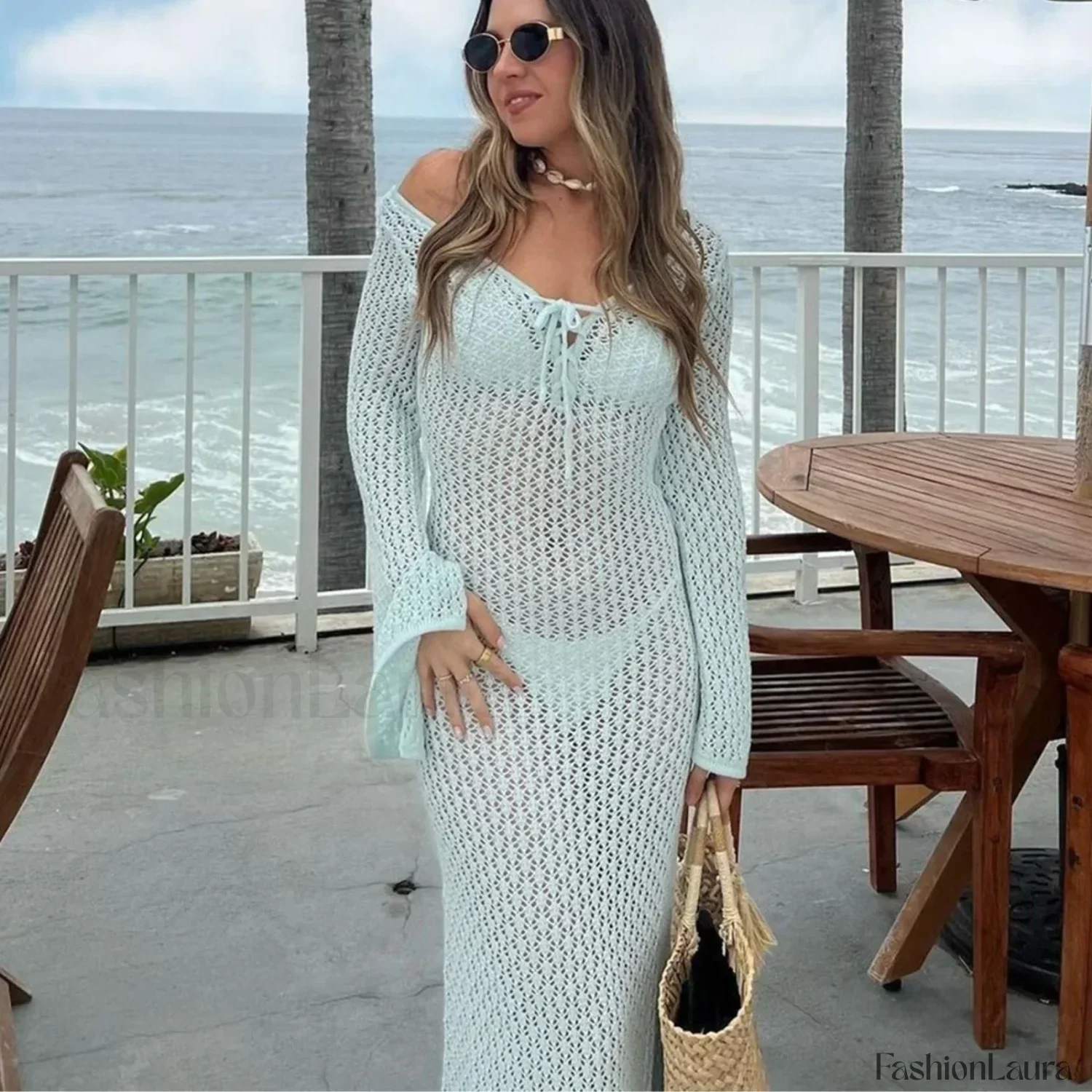 Knitted Long Sleeve V Neck Tie Up Cover Up - Image 15