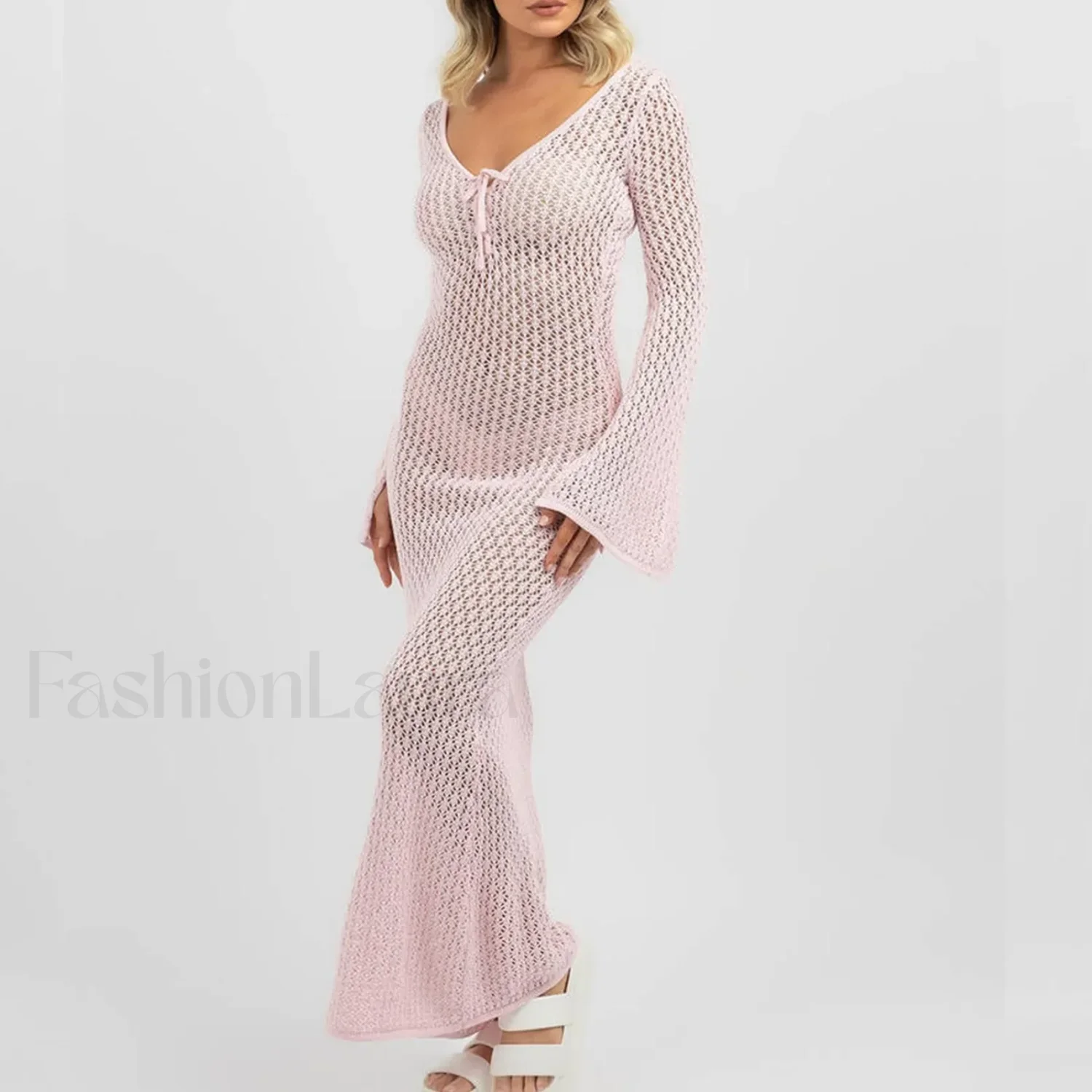 Knitted Long Sleeve V Neck Tie Up Cover Up - Image 4