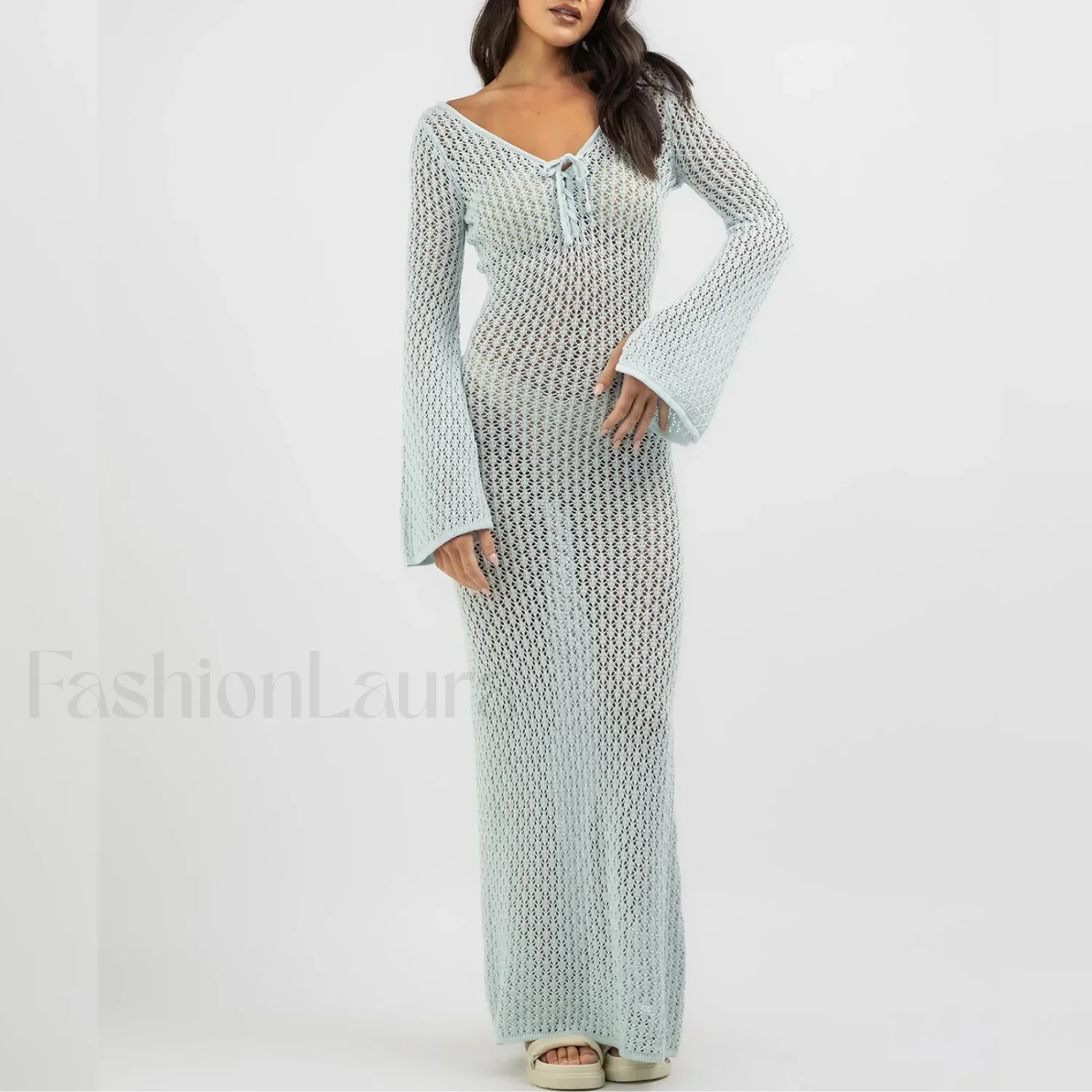 Knitted Long Sleeve V Neck Tie Up Cover Up - Image 5