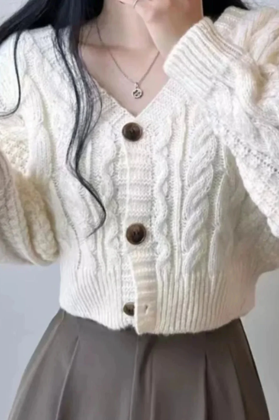 Knitted Open Front V Neck Slim Cardigan - Image 9
