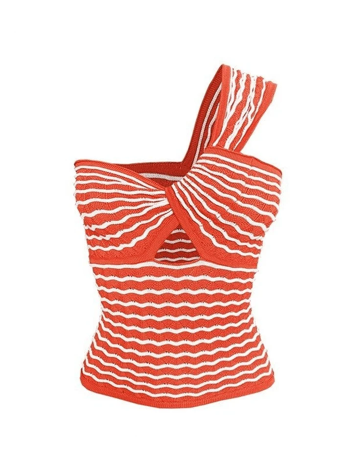 Knitted Stripe One Shoulder Tank Top - Image 10