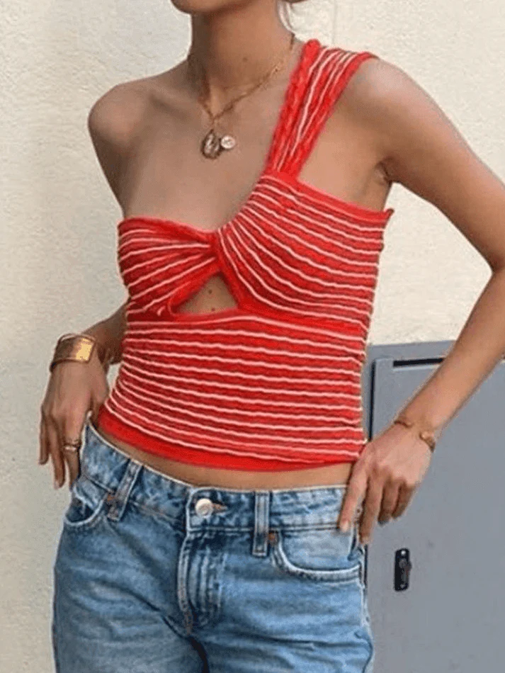 Knitted Stripe One Shoulder Tank Top - Image 20