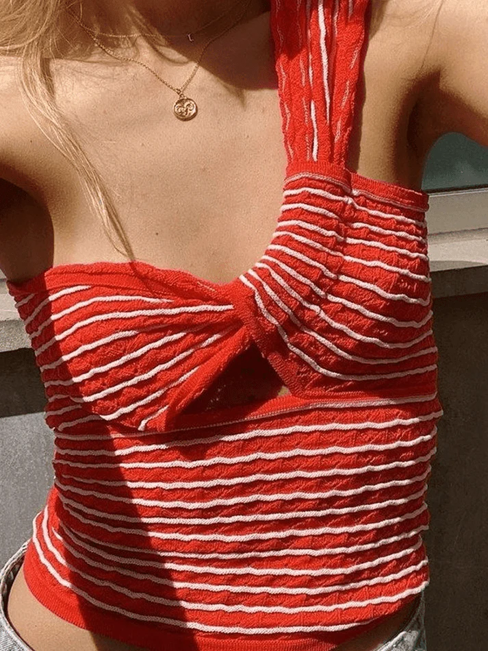 Knitted Stripe One Shoulder Tank Top - Image 25