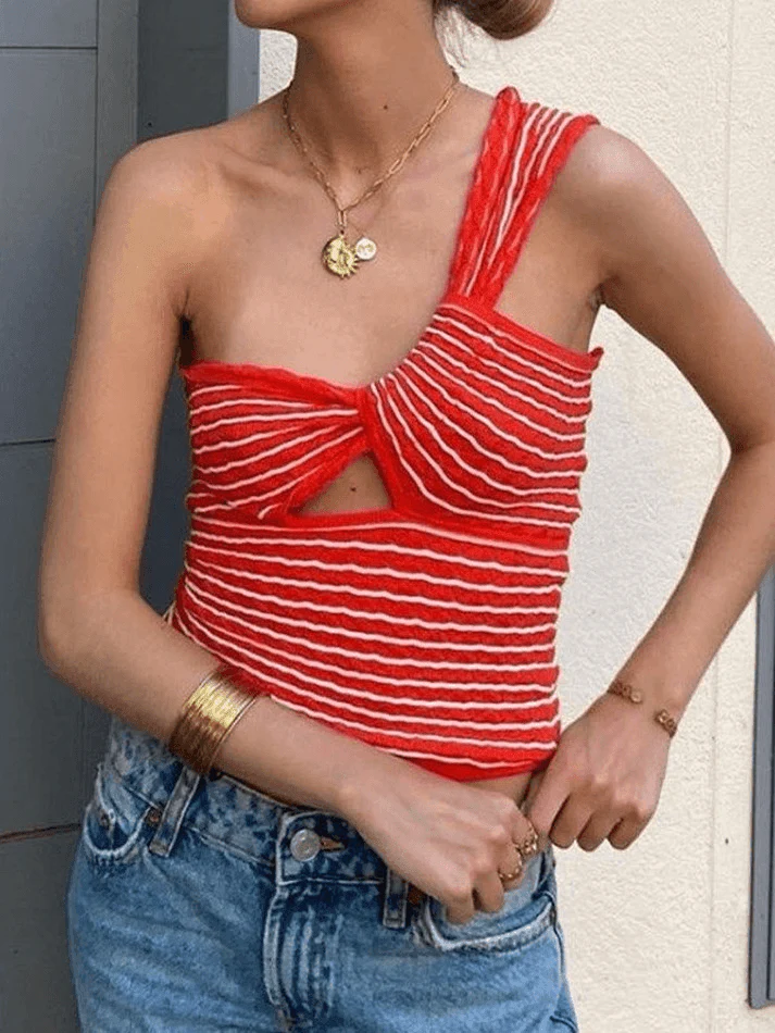 Knitted Stripe One Shoulder Tank Top - Image 33