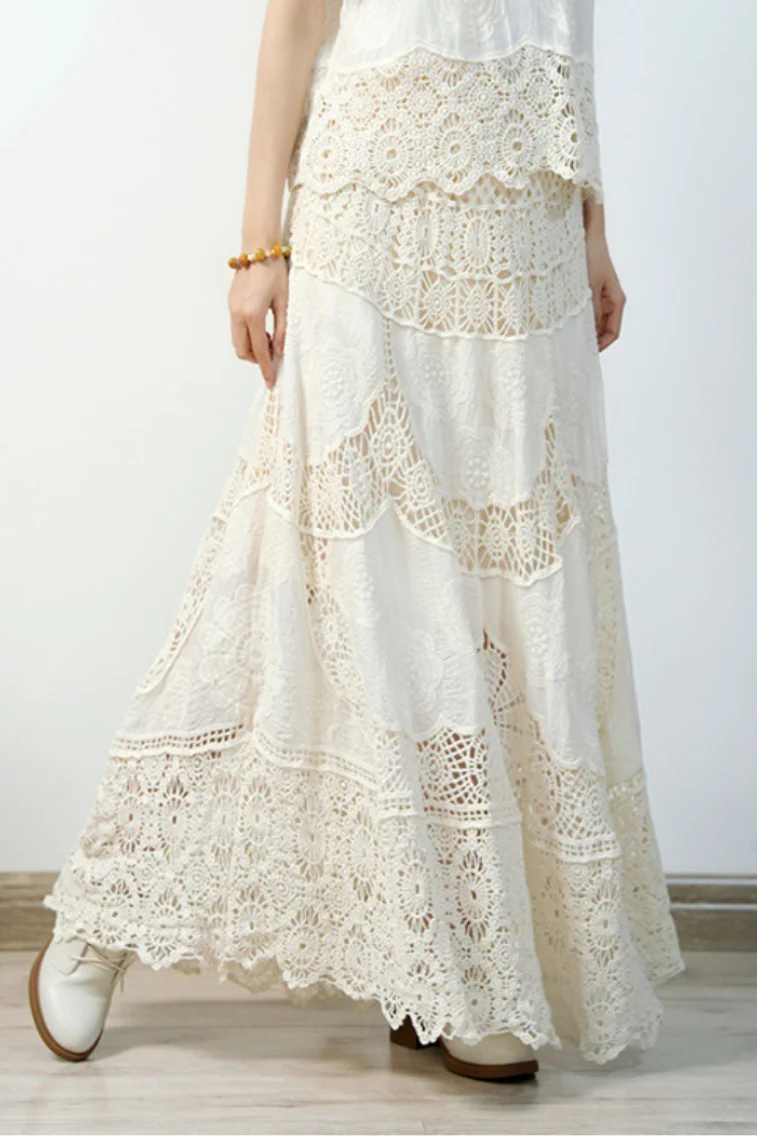 Lace Crochet Hollow Out Wide Hem Boho Skirt - Image 5