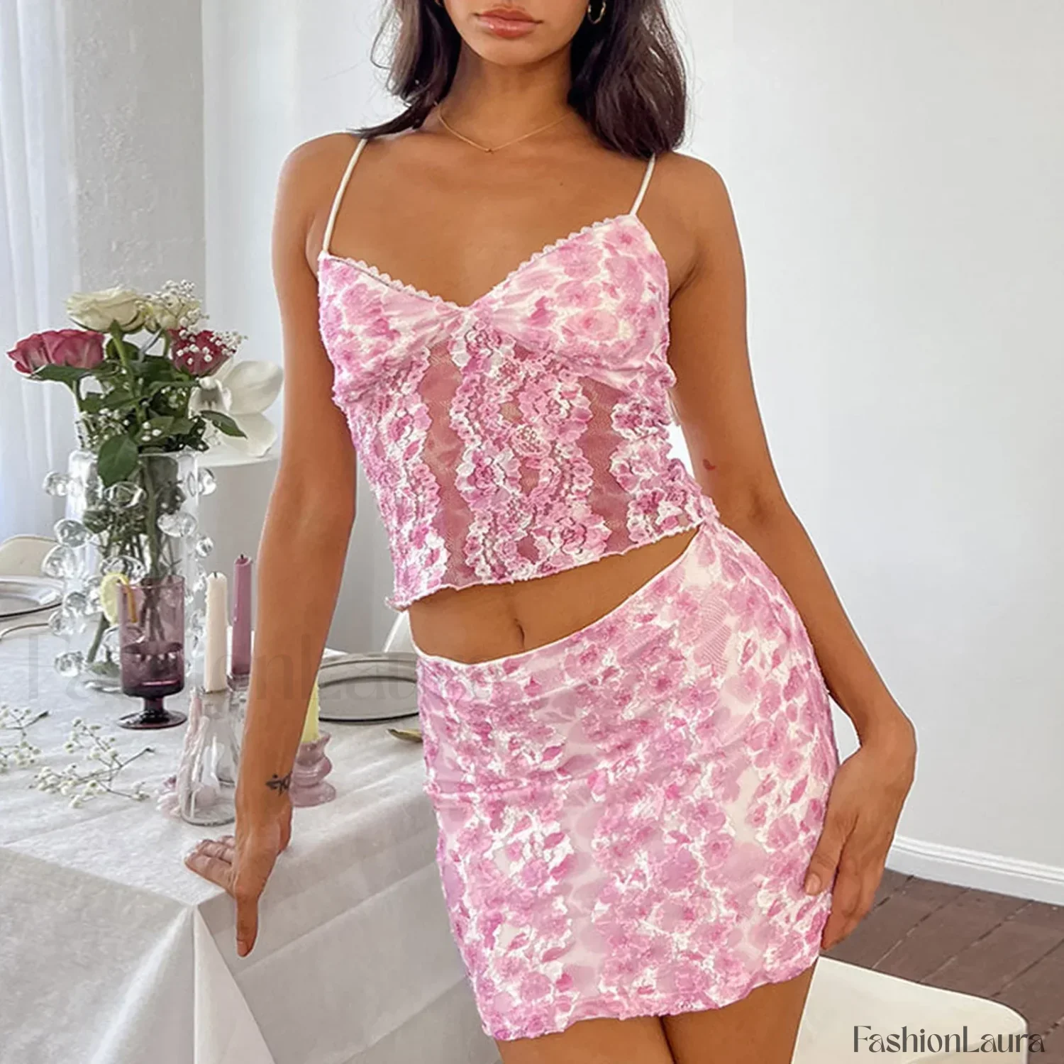 Lace Floral Mini-Set Crop Top - Image 17
