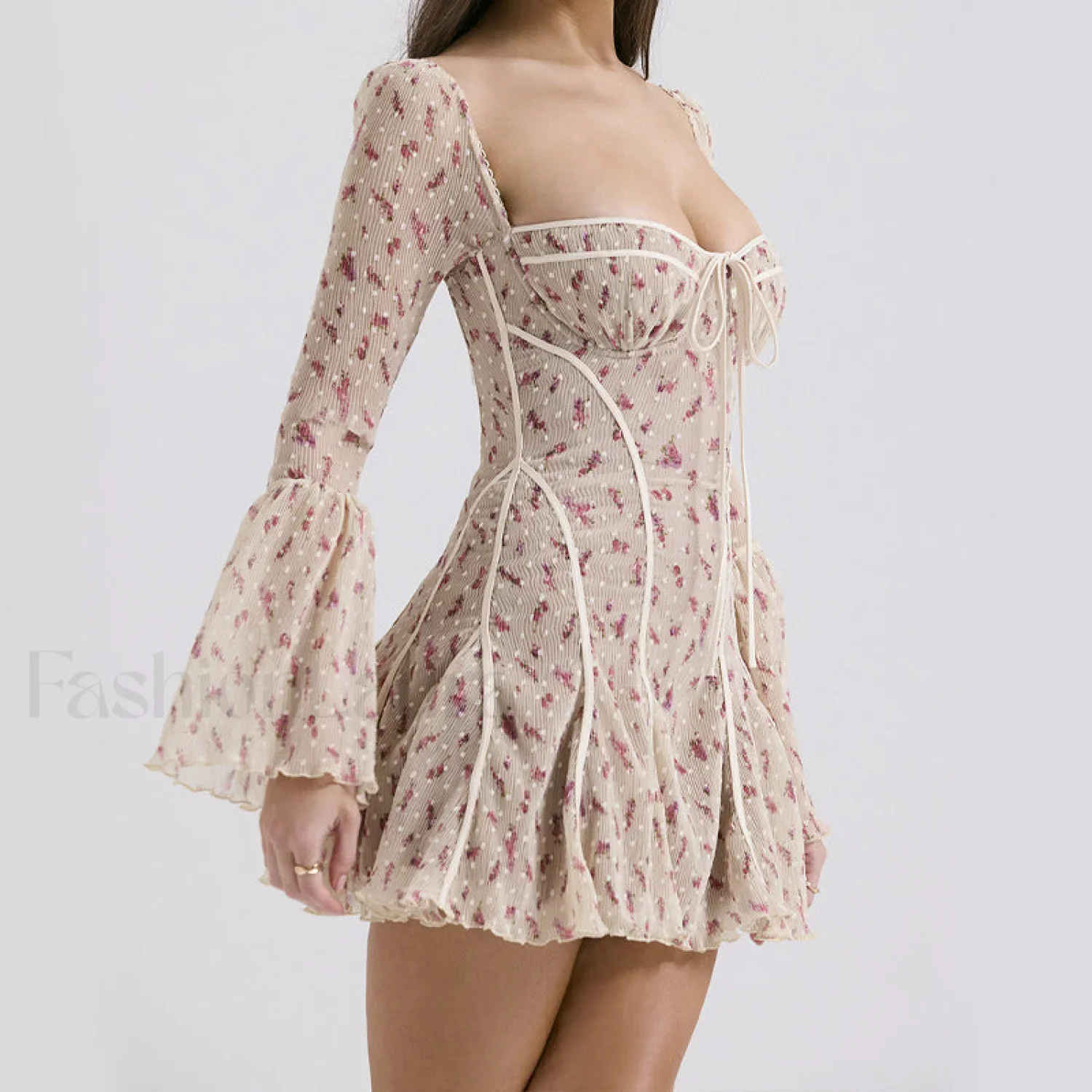 Lace French Light Luxury Flared Sleeve Fishbone Print Floral Dress - Image 4