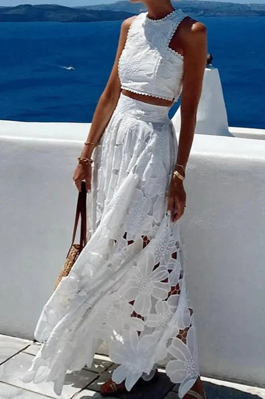 Lace Hollow Out Loose Beach Two Piece Boho Dress - Image 14
