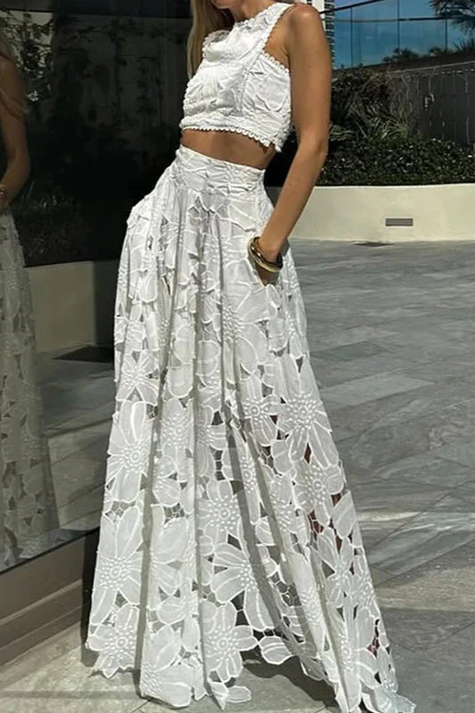 Lace Hollow Out Loose Beach Two Piece Boho Dress - Image 18
