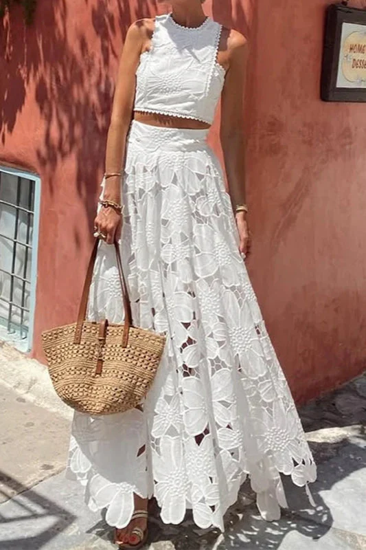 Lace Hollow Out Loose Beach Two Piece Boho Dress - Image 4