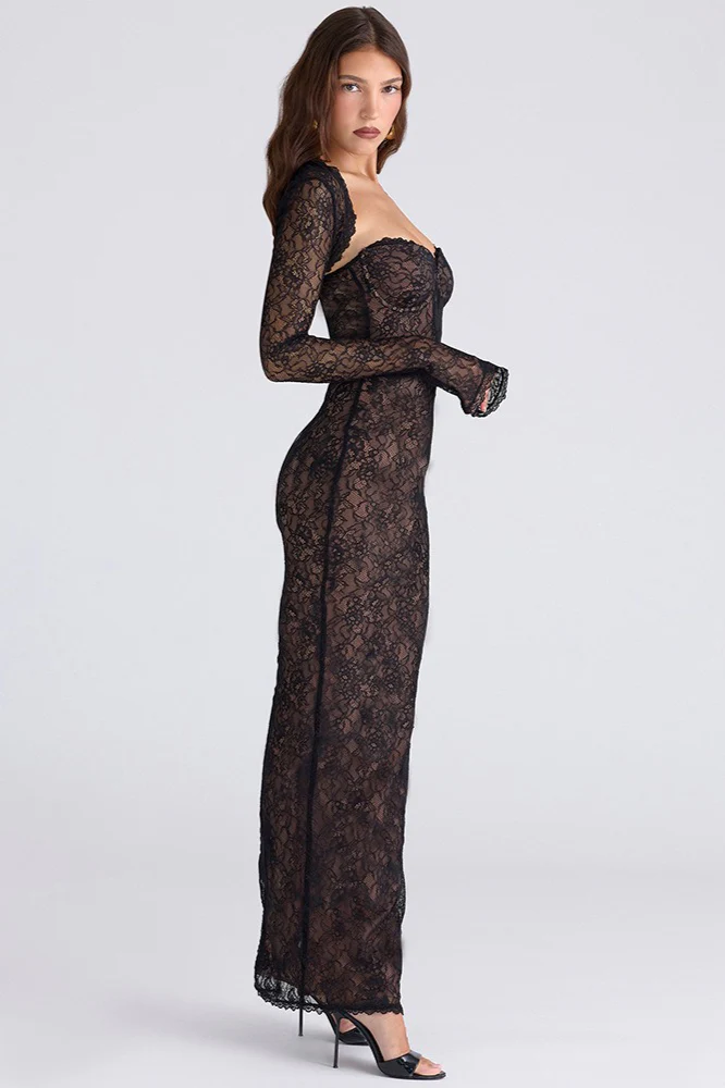 Lace Long Sleeve Crop Top Bodycon Floral Dress Set - Image 12