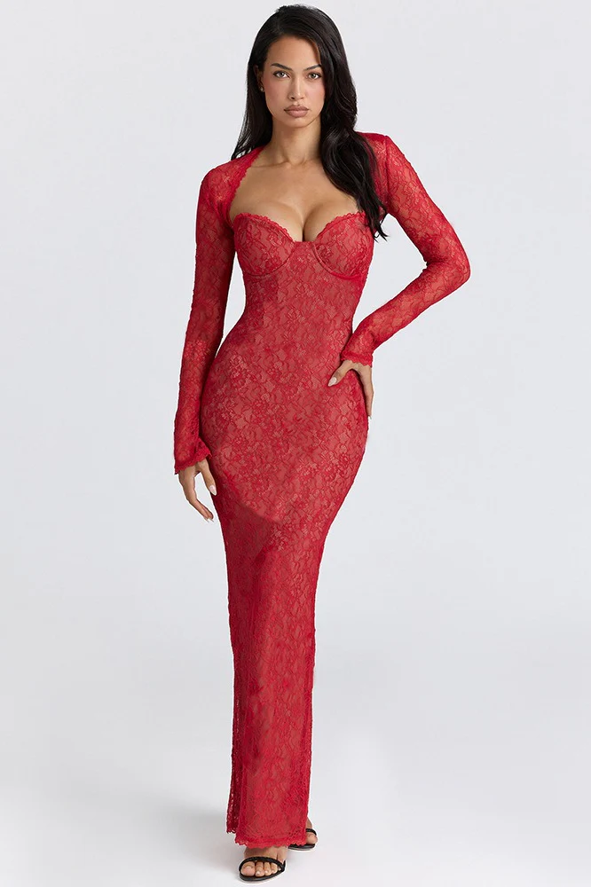 Lace Long Sleeve Crop Top Bodycon Floral Dress Set - Image 4