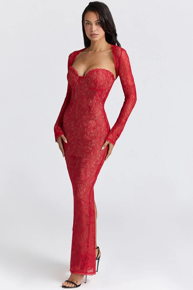 Lace Long Sleeve Crop Top Bodycon Floral Dress Set - Image 6