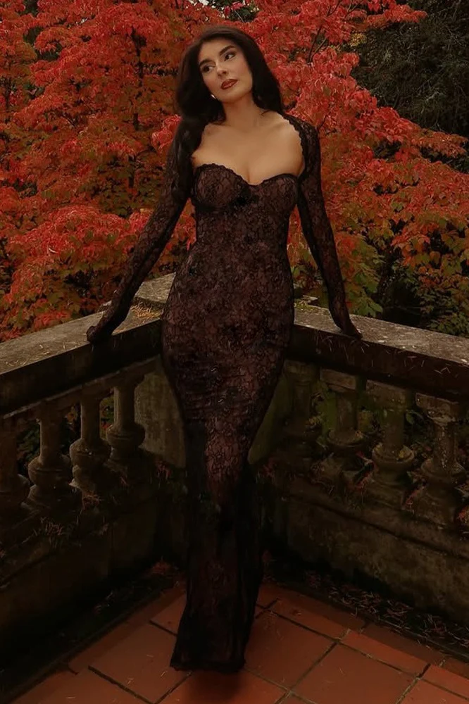 Lace Long Sleeve Crop Top Bodycon Floral Dress Set - Image 8