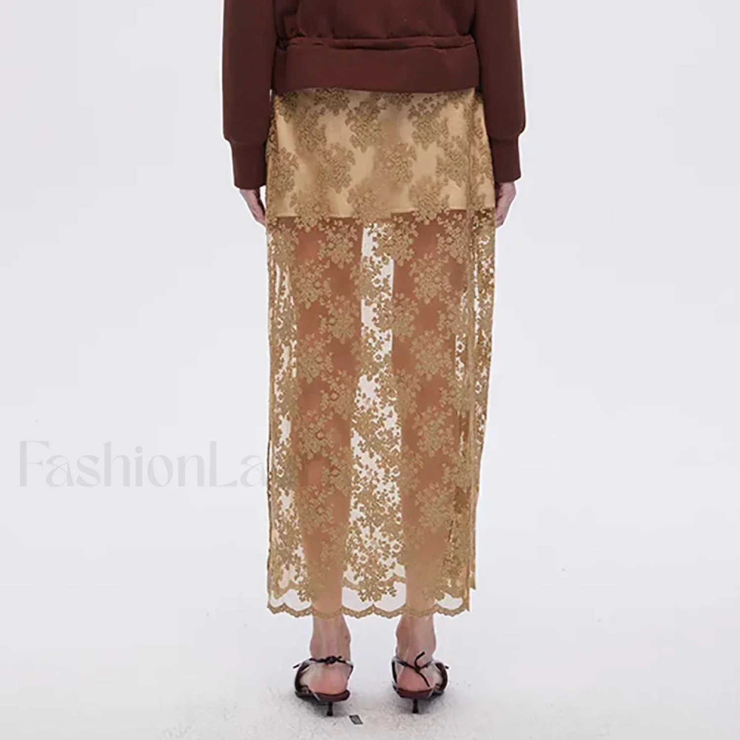 Lace Mesh Side Slit Crochet Skirt - Image 3