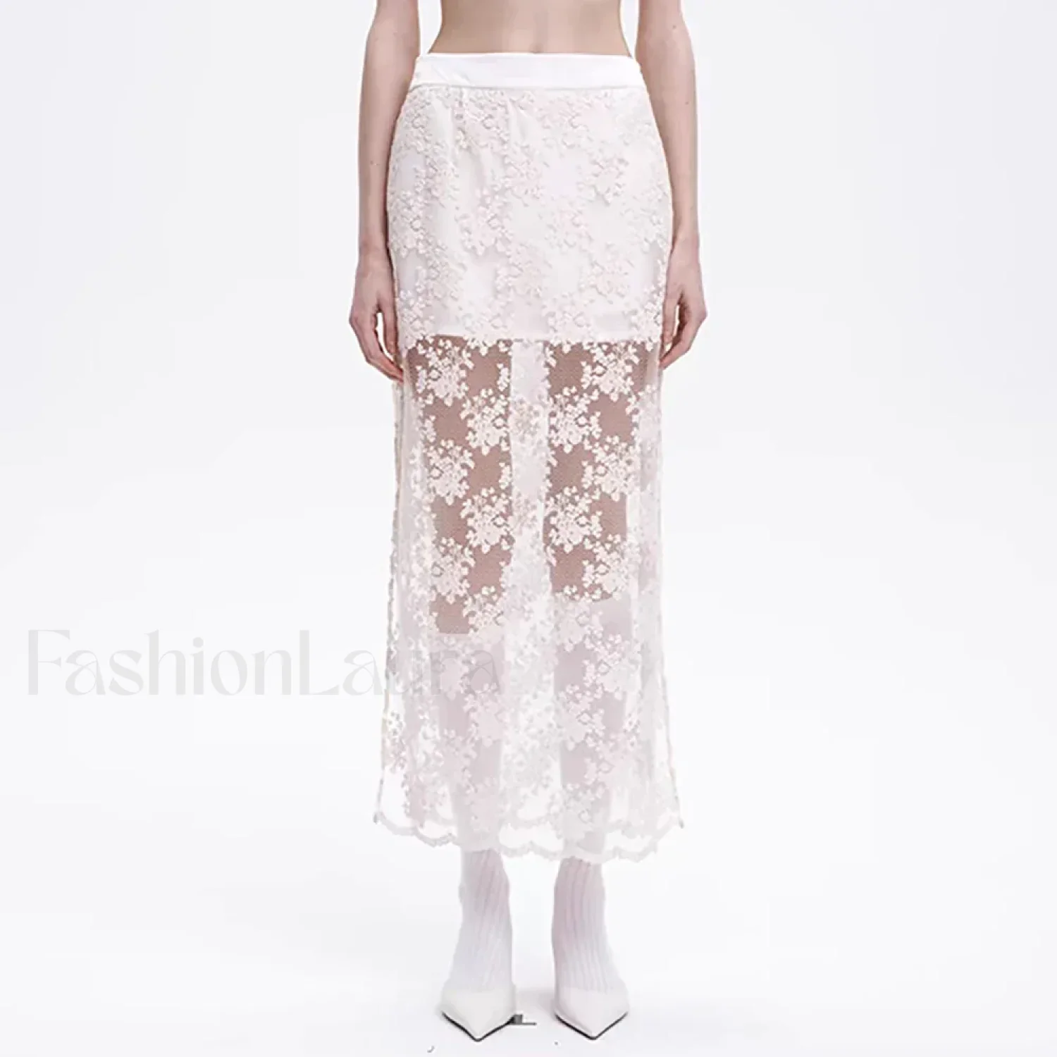 Lace Mesh Side Slit Crochet Skirt - Image 4