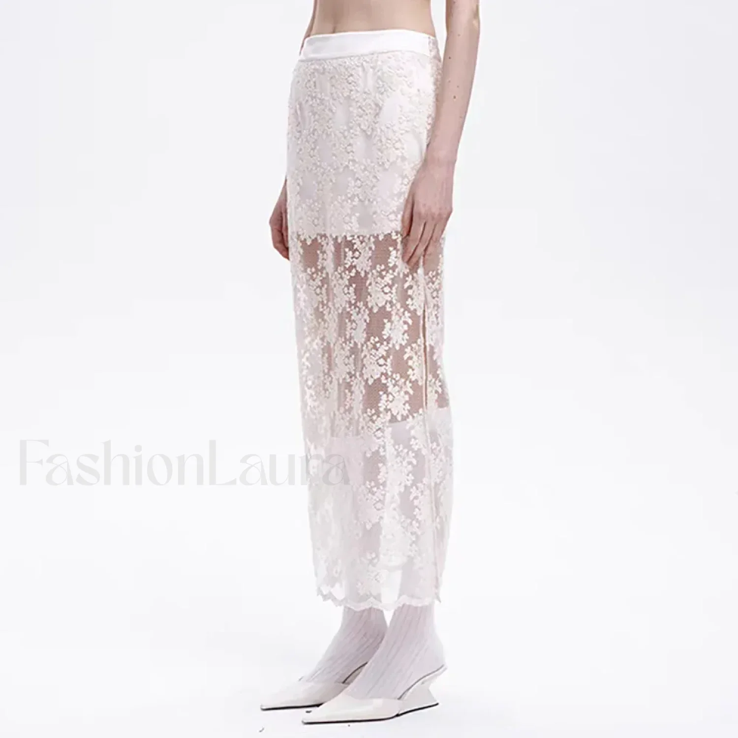 Lace Mesh Side Slit Crochet Skirt - Image 5