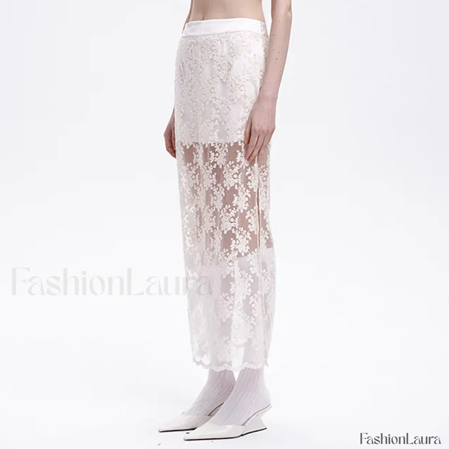 Lace Mesh Side Slit Crochet Skirt - Image 8