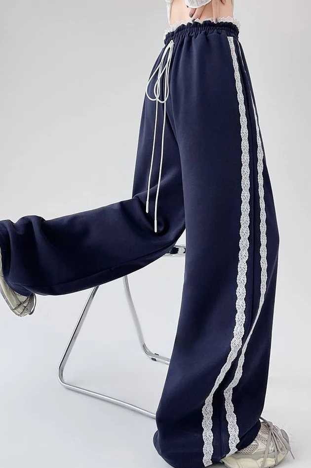 Lace Panel Athletic Wide Leg High Waist Pants