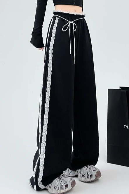 Lace Panel Athletic Wide Leg High Waist Pants - Image 6