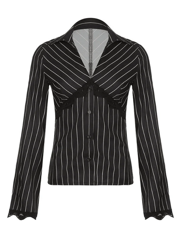 Lace Paneled Long Sleeve Striped Blouse - Image 15