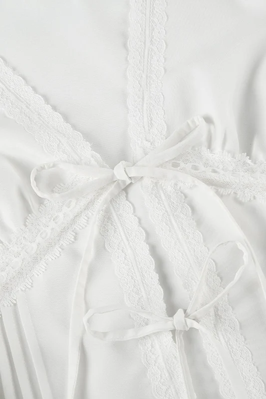 Lace Paneled Ruched Puff Sleeve Tie Blouse - Image 5