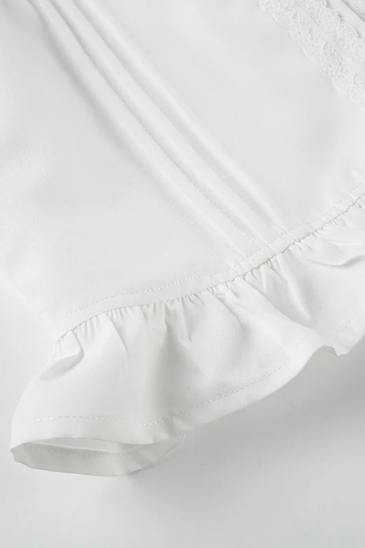 Lace Paneled Ruched Puff Sleeve Tie Blouse - Image 7