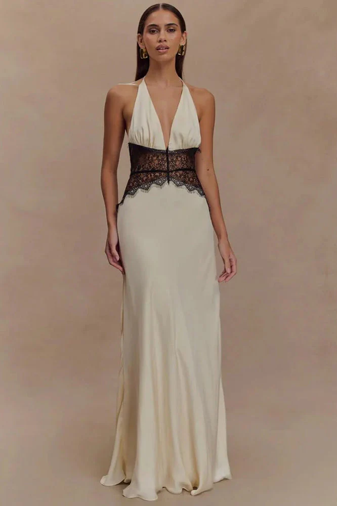 Lace Patchwork Backless Halter Boho Dress