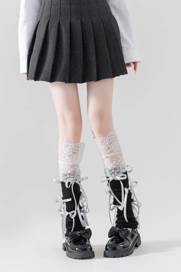 Lace Patchwork Bow Slouchy Leg Warmers - Image 10