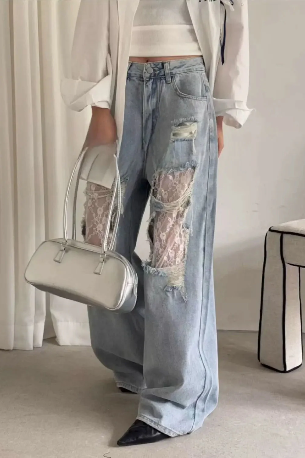 Lace Patchwork Ripped Loose Jeans - Image 13