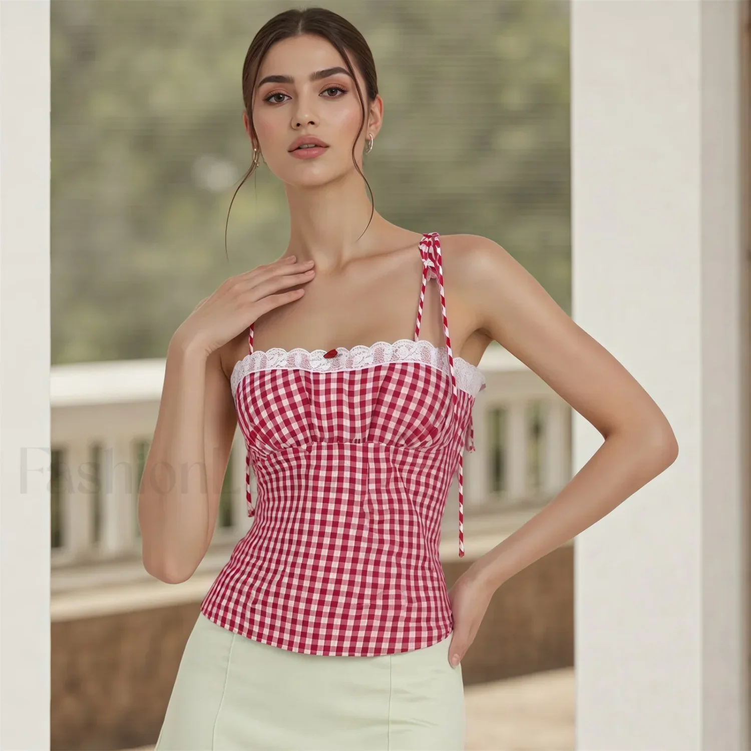 Lace Plaid Fitted Crop Top - Image 2