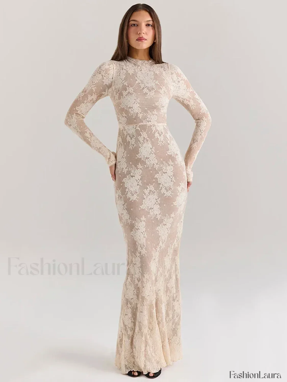 Lace Print Long Sleeve Maxi Dress - Image 17