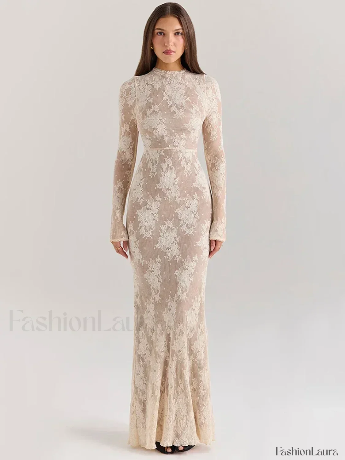 Lace Print Long Sleeve Maxi Dress - Image 18