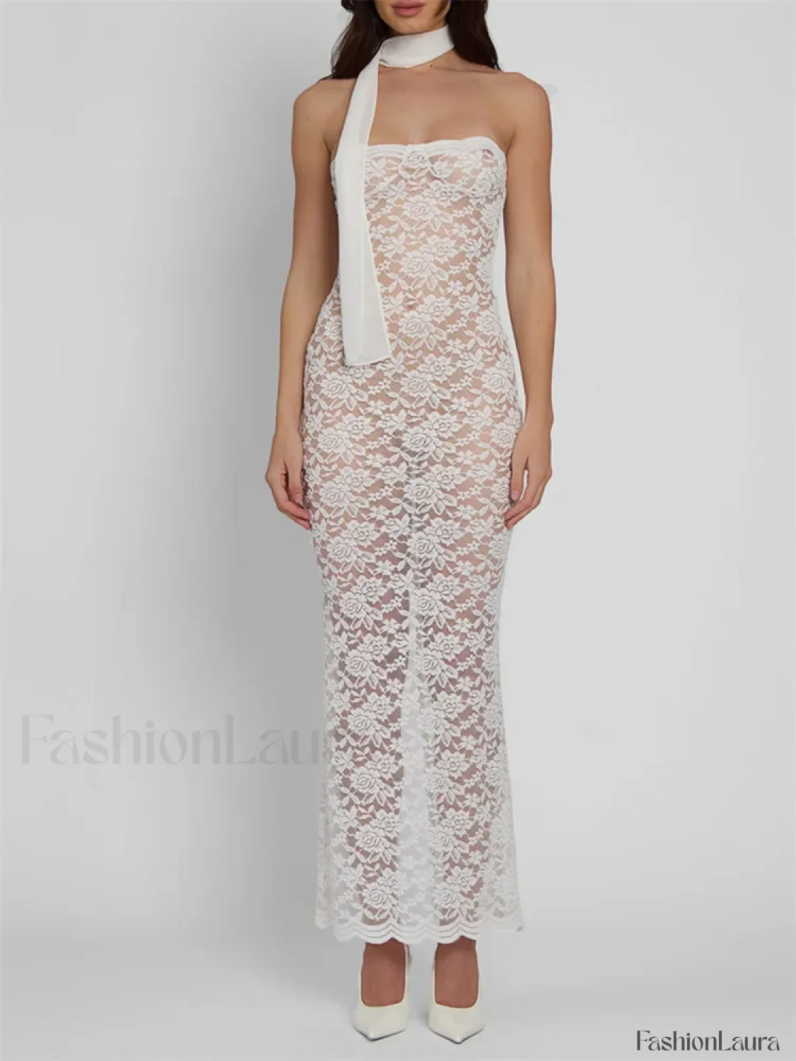 Lace Sheer Strapless Floral Maxi Dress - Image 12