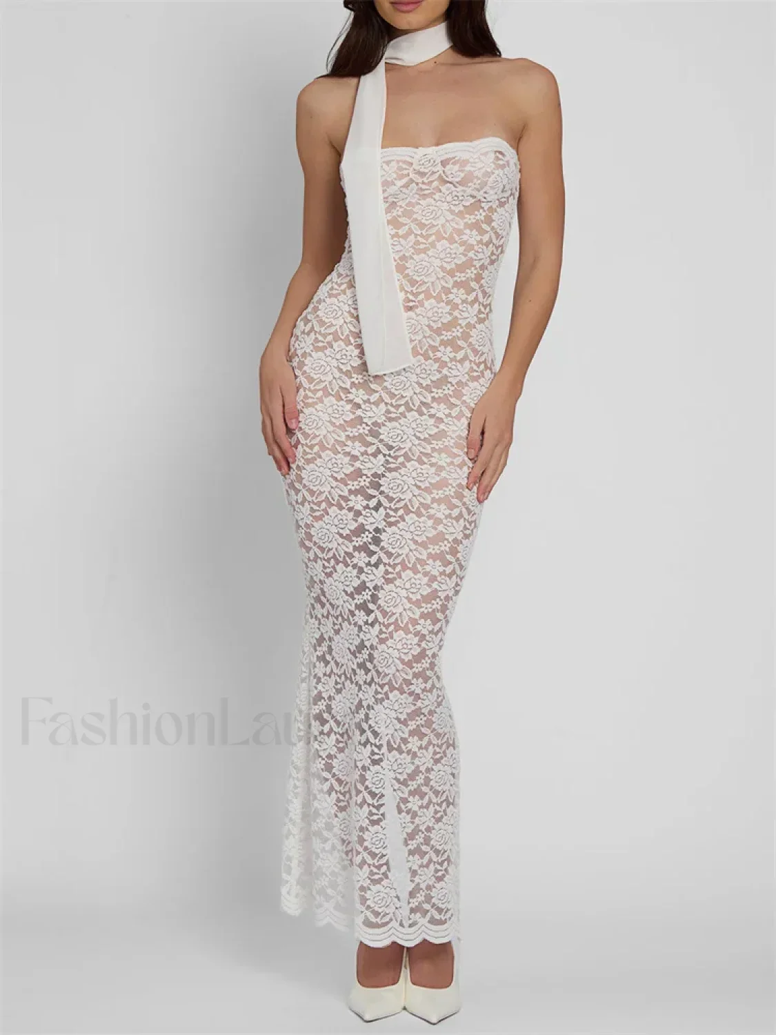 Lace Sheer Strapless Floral Maxi Dress - Image 7