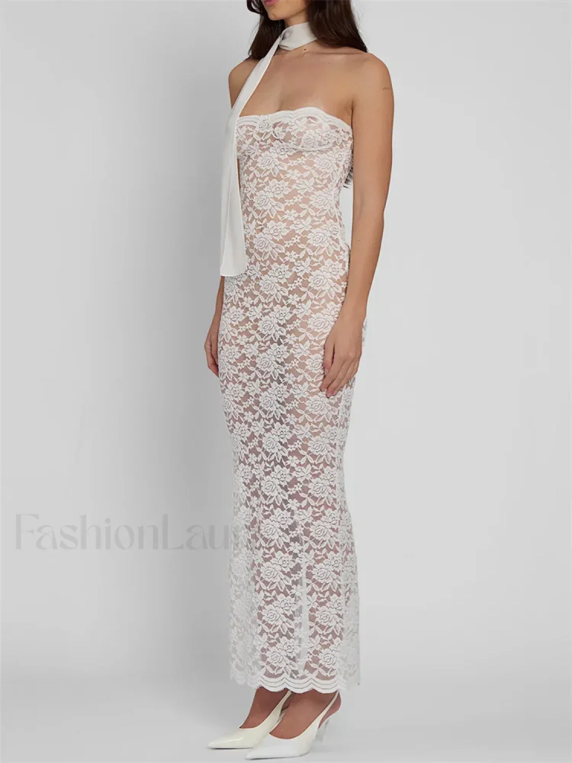Lace Sheer Strapless Floral Maxi Dress - Image 8