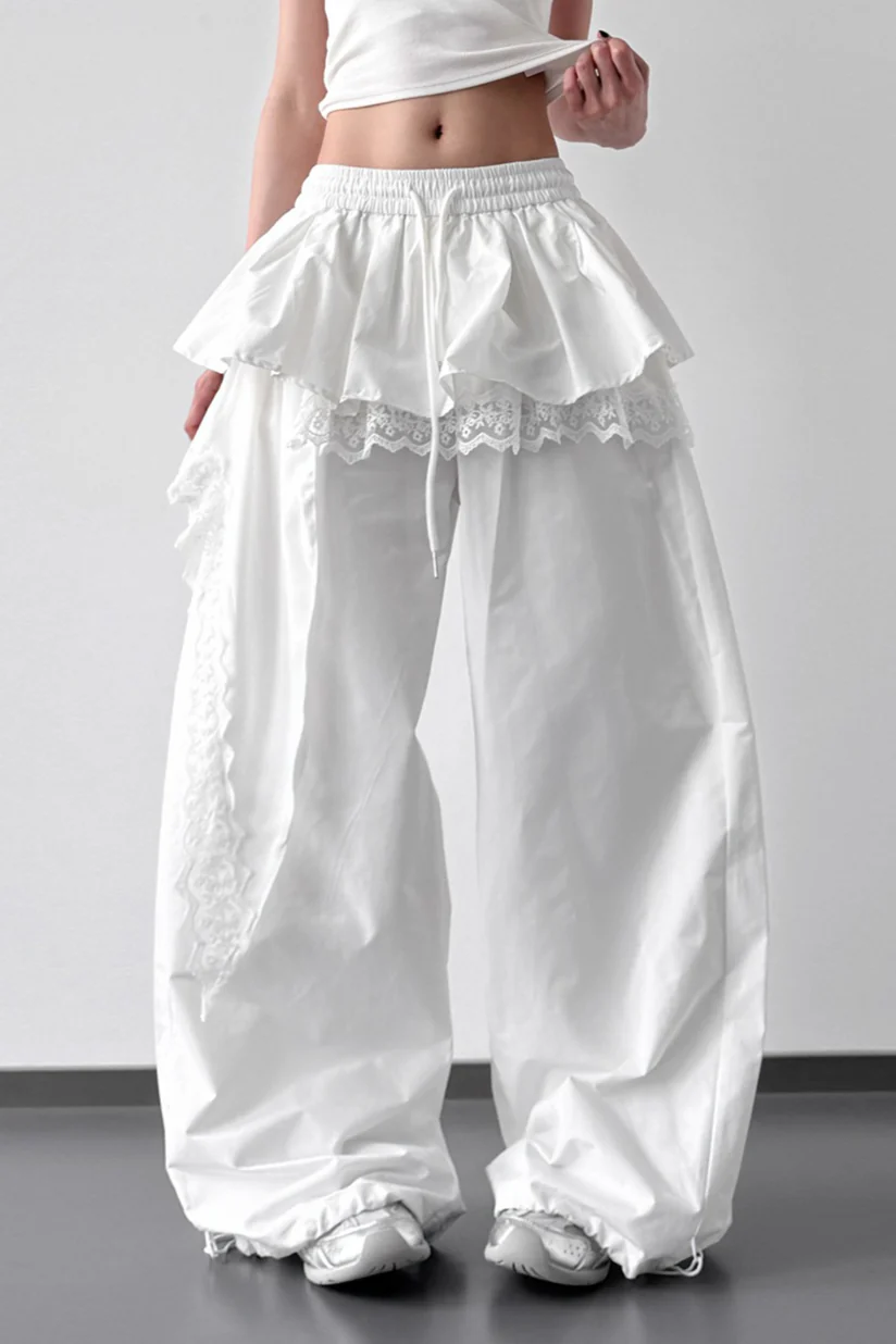 Lace Skirt Hem Trim Wide Leg Casual Pants - Image 3