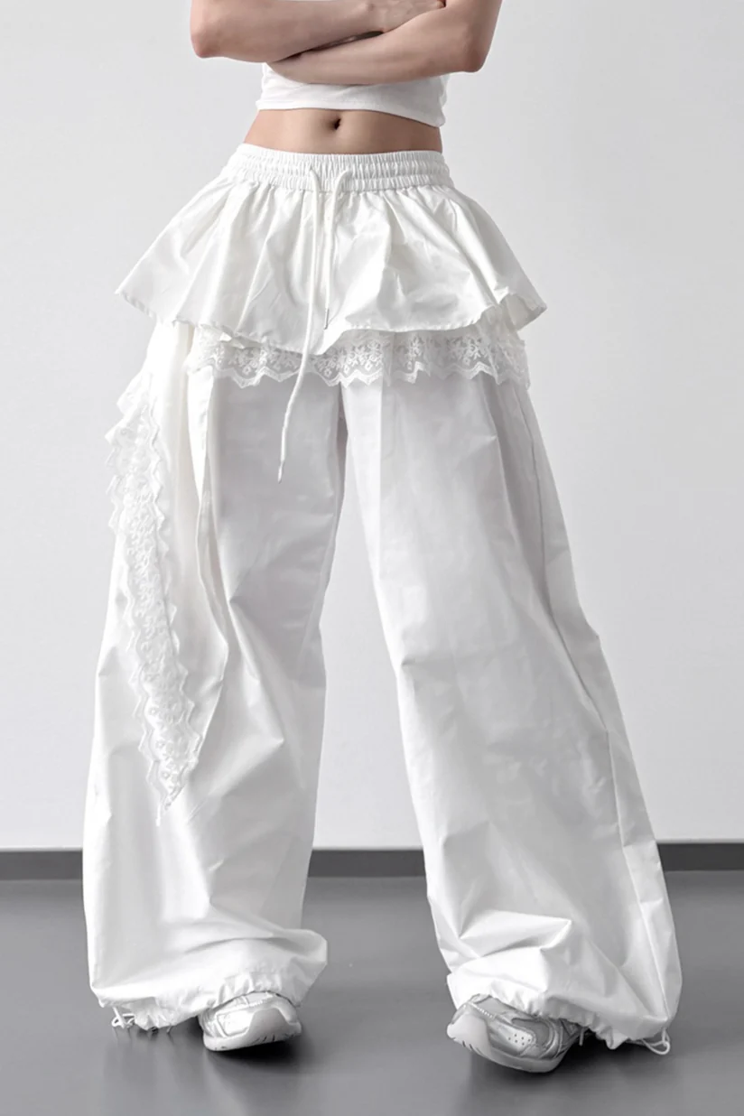 Lace Skirt Hem Trim Wide Leg Casual Pants - Image 4
