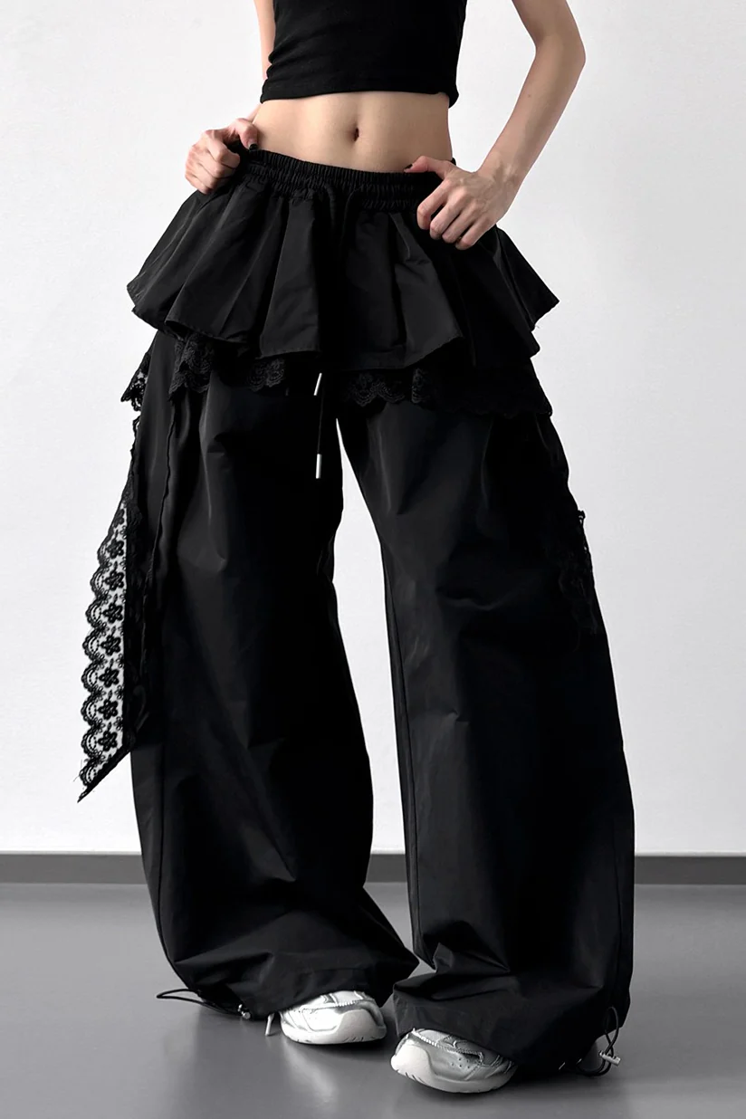 Lace Skirt Hem Trim Wide Leg Casual Pants - Image 5