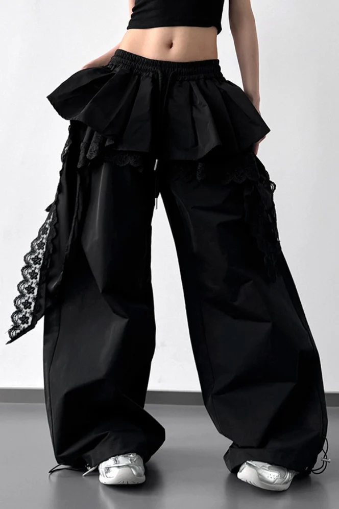 Lace Skirt Hem Trim Wide Leg Casual Pants - Image 7