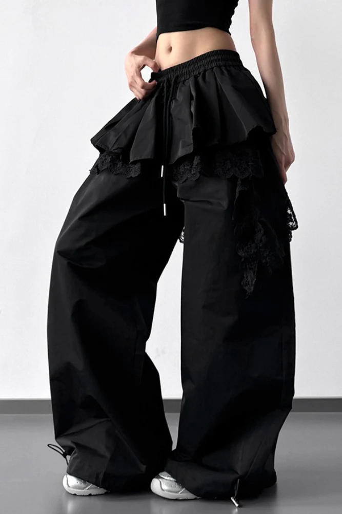 Lace Skirt Hem Trim Wide Leg Casual Pants - Image 8