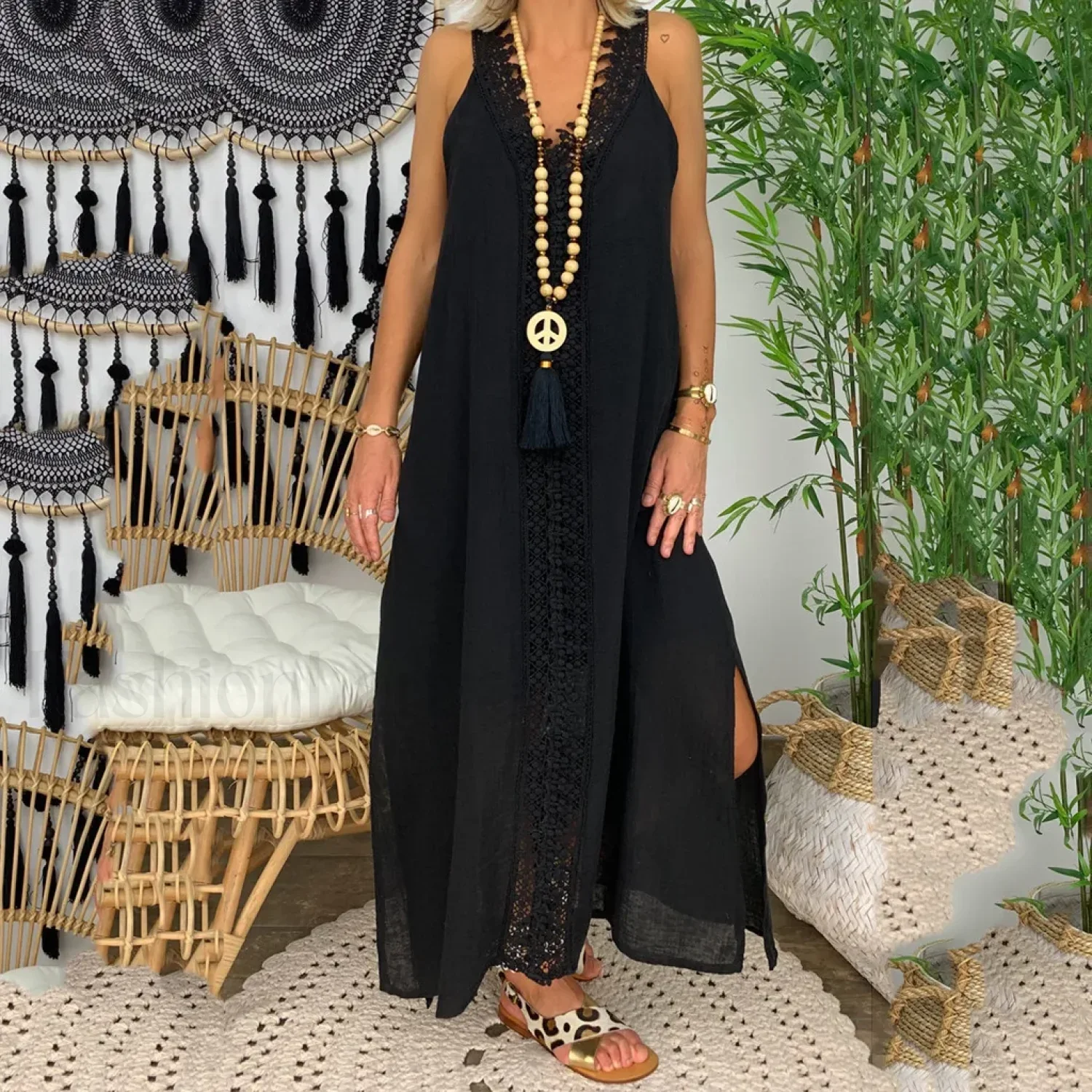 Lace Splice Sleeveless Boho Dress - Image 5