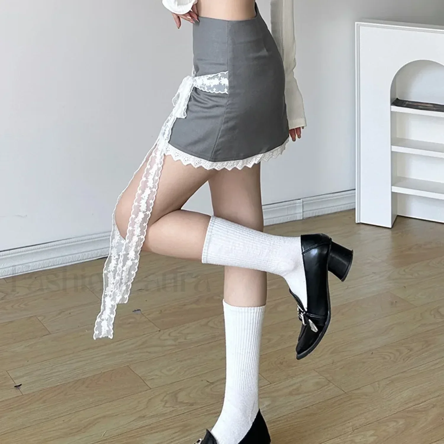 Lace Tie-Up Korean Preppy Skirt - Image 6