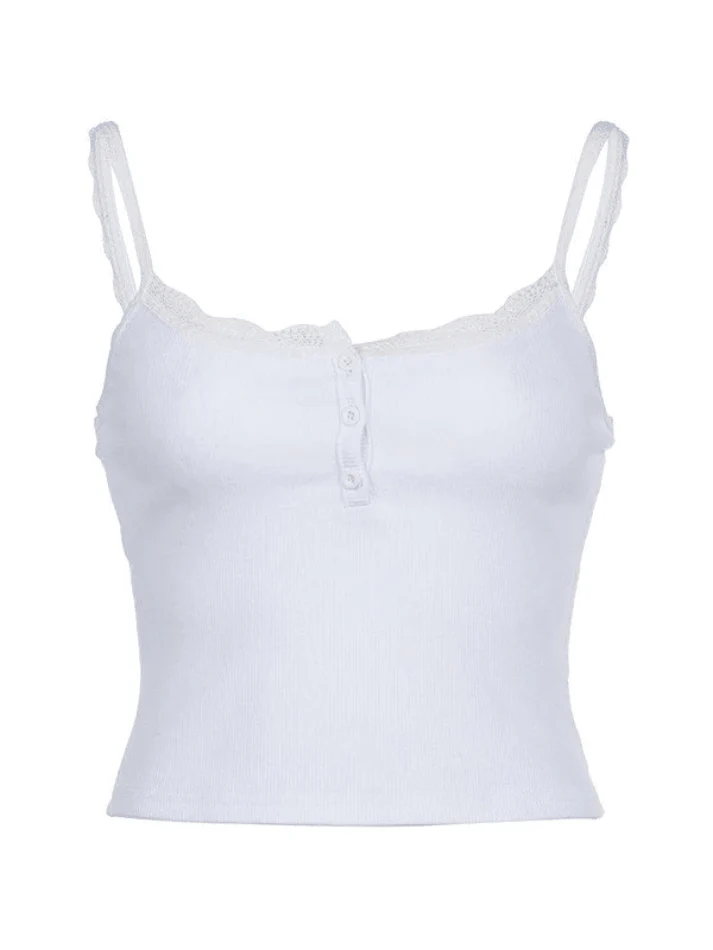 Lace Trim Button-Up Ribbed Crop Cami Top - Image 18