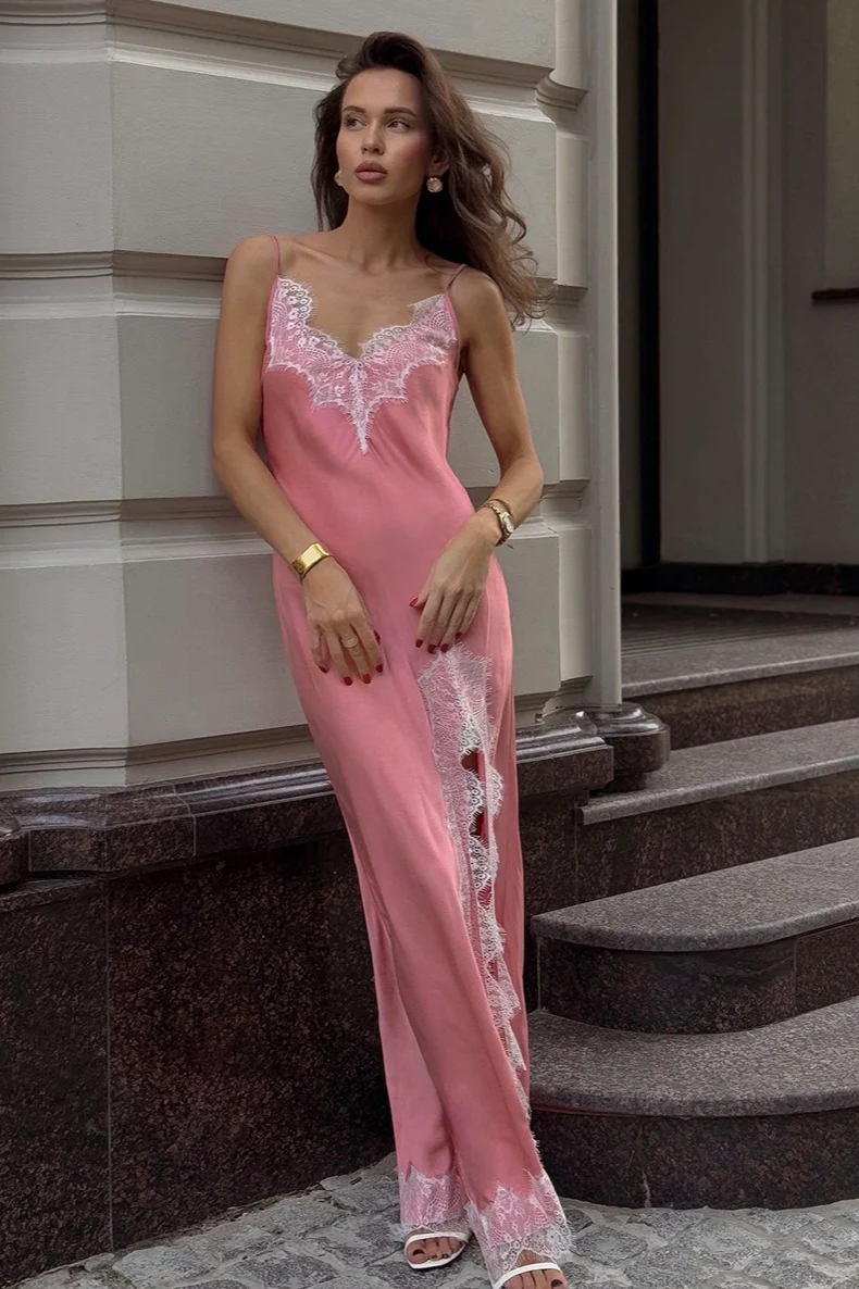 Lace Trim Cami Slit Bodycon Maxi Dress - Image 6