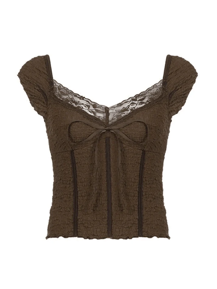 Lace Trim Crinkle Cropped Blouse - Image 3