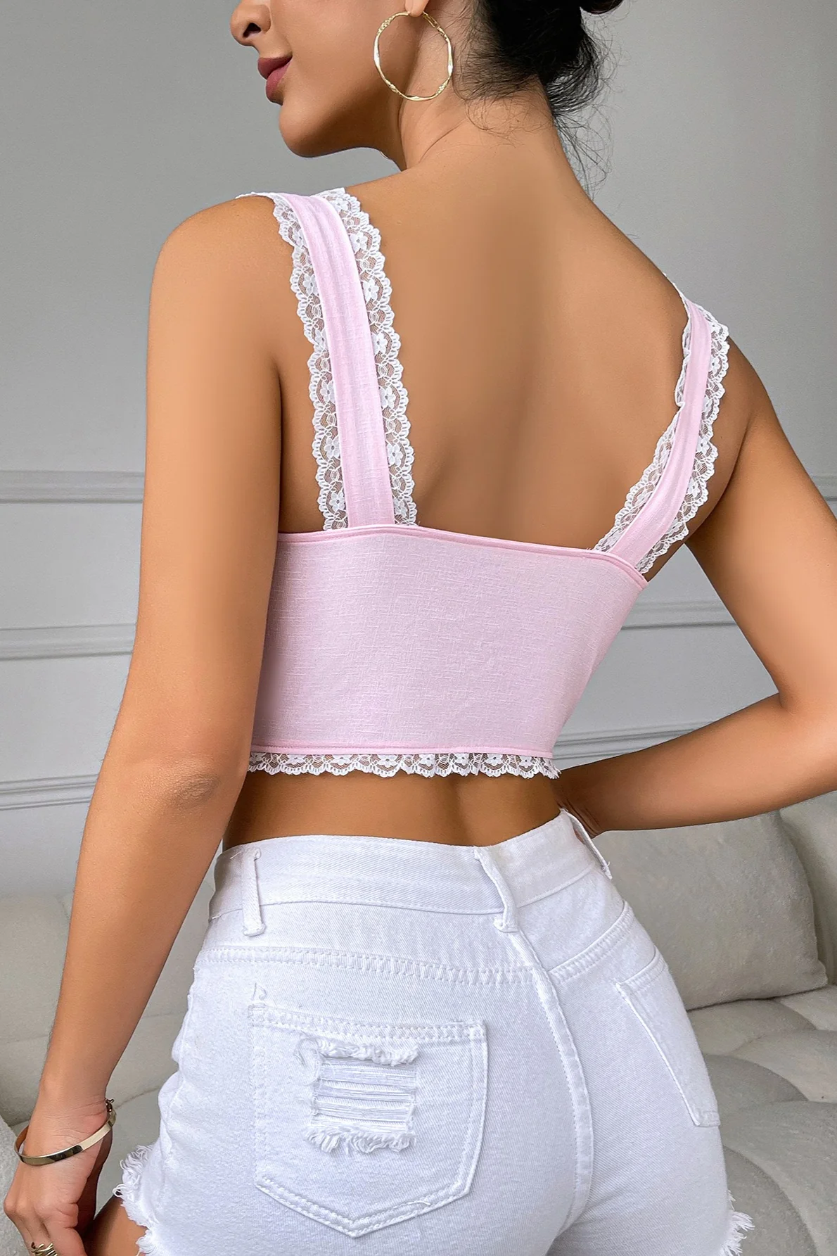 Lace Trim Patchwork Sexy Slinky Backless Crop Top - Image 6