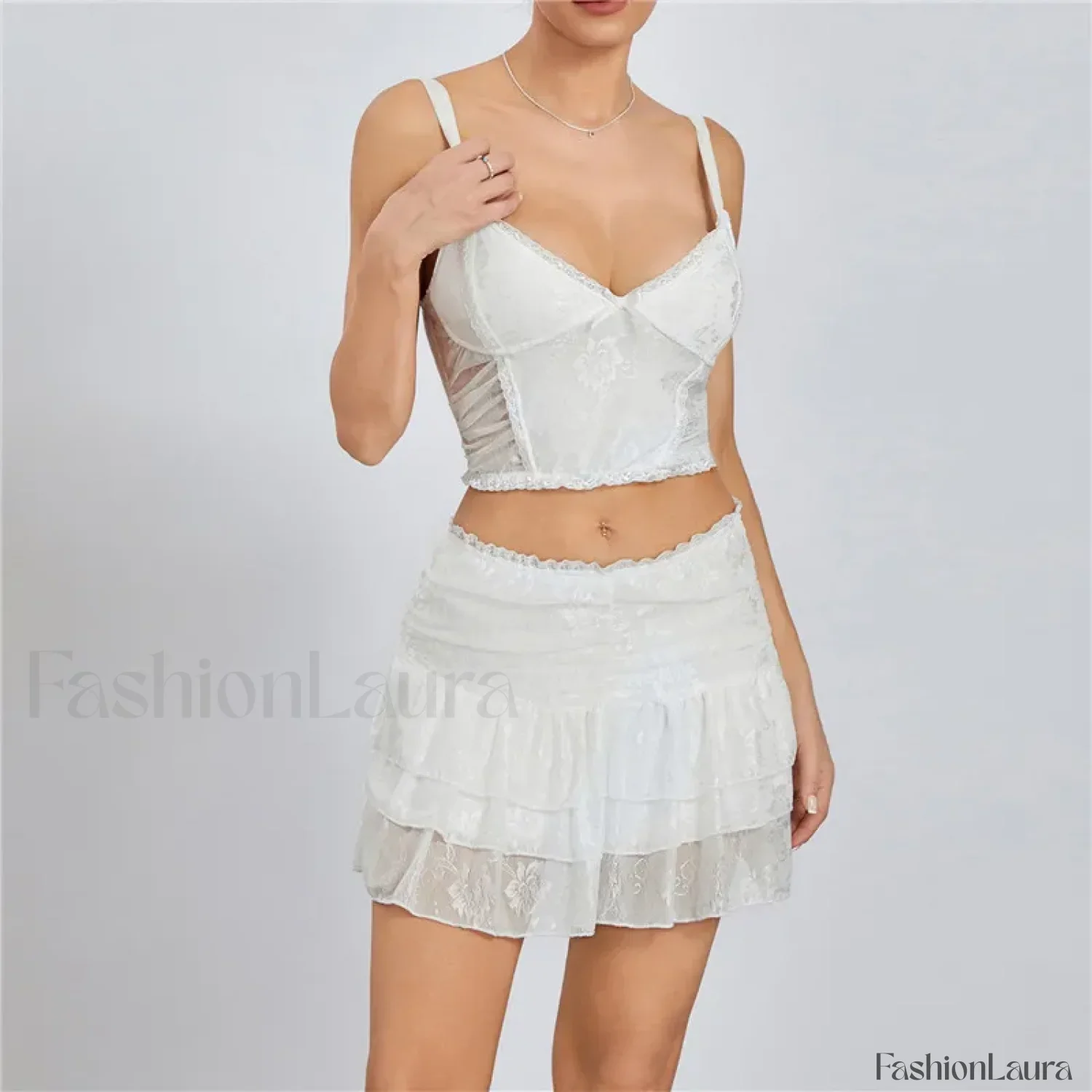 Lace Trim Sleeveless Crop Cami Mini Skirt Two Piece Set - Image 15